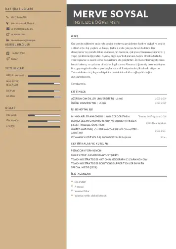 Yabancı Dil Öğretmeni Cv Örnekleri cv indir